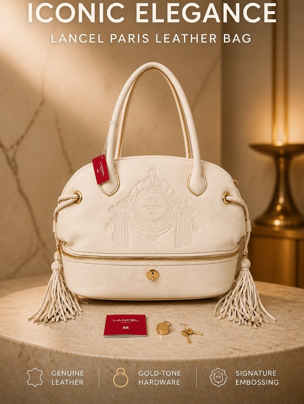 Lancel Paris Ivory Grained Leather Tassel Shoulder Bag Nwt